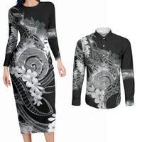 Piko Hawaiian Couples Matching Long Sleeve Bodycon Dress and Long Sleeve Button Shirt Monochrome Galaxy Spiral Plumeria Tribal Patterns