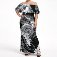 Piko Hawaiian Off Shoulder Maxi Dress Monochrome Galaxy Spiral Plumeria Tribal Patterns