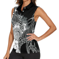 Piko Hawaiian Women Sleeveless Polo Shirt Monochrome Galaxy Spiral Plumeria Tribal Patterns