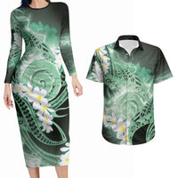 Piko Hawaiian Couples Matching Long Sleeve Bodycon Dress and Hawaiian Shirt Green Galaxy Spiral Plumeria Tribal Patterns