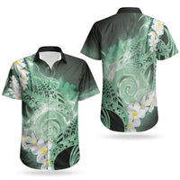 Piko Hawaiian Couples Matching Off Shoulder Short Dress and Hawaiian Shirt Green Galaxy Spiral Plumeria Tribal Patterns