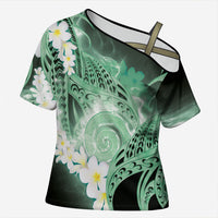 Piko Hawaiian Cross Shoulder Shirt Green Galaxy Spiral Plumeria Tribal Patterns