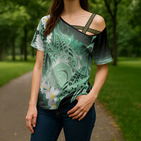 Piko Hawaiian Cross Shoulder Shirt Green Galaxy Spiral Plumeria Tribal Patterns