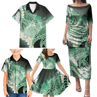 Piko Hawaiian Family Matching Puletasi and Hawaiian Shirt Green Galaxy Spiral Plumeria Tribal Patterns