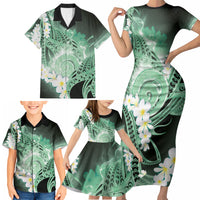 Piko Hawaiian Family Matching Short Sleeve Bodycon Dress and Hawaiian Shirt Green Galaxy Spiral Plumeria Tribal Patterns