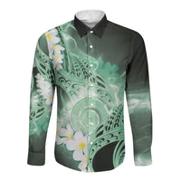 Piko Hawaiian Long Sleeve Button Shirt Green Galaxy Spiral Plumeria Tribal Patterns