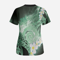 Piko Hawaiian Scrub Top Green Galaxy Spiral Plumeria Tribal Patterns