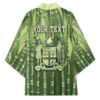 Personalised Fiji Language Week Sugarcane Masi Kimono Green Tapa Tribal Pattern
