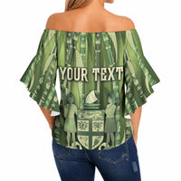 Personalised Fiji Language Week Sugarcane Masi Off Shoulder Wrap Waist Top Green Tapa Tribal Pattern DT05 - Polynesian Pride