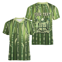 Personalised Fiji Language Week Sugarcane Masi Women V-Neck T-Shirt Green Tapa Tribal Pattern