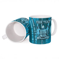 Personalised Fiji Language Week Sugarcane Masi Ceramic Mug Blue Tapa Tribal Pattern