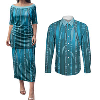 Personalised Fiji Language Week Sugarcane Masi Couples Matching Puletasi and Long Sleeve Button Shirt Blue Tapa Tribal Pattern
