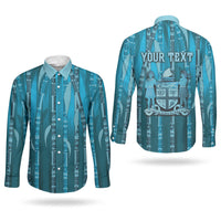 Personalised Fiji Language Week Sugarcane Masi Couples Matching Puletasi and Long Sleeve Button Shirt Blue Tapa Tribal Pattern