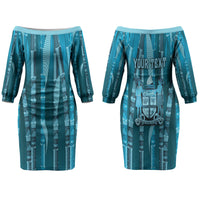 Personalised Fiji Language Week Sugarcane Masi Family Matching Off The Shoulder Long Sleeve Dress and Hawaiian Shirt Blue Tapa Tribal Pattern