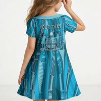 Personalised Fiji Language Week Sugarcane Masi Kid Short Sleeve Dress Blue Tapa Tribal Pattern