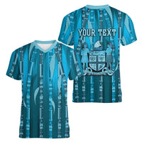 Personalised Fiji Language Week Sugarcane Masi Women V-Neck T-Shirt Blue Tapa Tribal Pattern