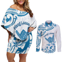 Aloha Hawaii Shaka Couples Matching Off Shoulder Short Dress and Long Sleeve Button Shirt Hang Loose Blue Version - Polynesian Pride