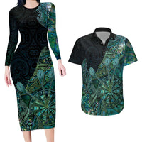 Personalised New Zealand Dart Couples Matching Long Sleeve Bodycon Dress and Hawaiian Shirt Maori Fern With Paua Shell DT05 Green - Polynesian Pride