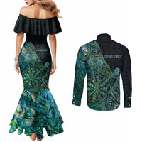Personalised New Zealand Dart Couples Matching Mermaid Dress and Long Sleeve Button Shirt Maori Fern With Paua Shell DT05 - Polynesian Pride