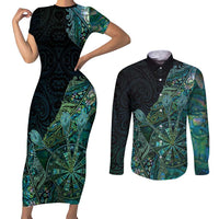 Personalised New Zealand Dart Couples Matching Short Sleeve Bodycon Dress and Long Sleeve Button Shirt Maori Fern With Paua Shell DT05 Green - Polynesian Pride