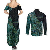 Personalised New Zealand Dart Couples Matching Summer Maxi Dress and Long Sleeve Button Shirt Maori Fern With Paua Shell DT05 - Polynesian Pride