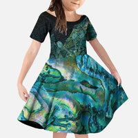 Personalised New Zealand Dart Family Matching Mermaid Dress and Hawaiian Shirt Maori Fern With Paua Shell DT05 Daughter's Dress Green - Polynesian Pride