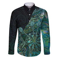 Personalised New Zealand Dart Family Matching Mermaid Dress and Hawaiian Shirt Maori Fern With Paua Shell DT05 Dad's Shirt - Long Sleeve Green - Polynesian Pride