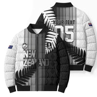 Custom New Zealand Football Bomber Puffer Jacket Silver Fern Maori Pattern Monochrome