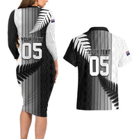Custom New Zealand Football Couples Matching Long Sleeve Bodycon Dress and Hawaiian Shirt Silver Fern Maori Pattern Monochrome DT05 - Polynesian Pride