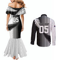Custom New Zealand Football Couples Matching Mermaid Dress and Long Sleeve Button Shirt Silver Fern Maori Pattern Monochrome DT05 - Polynesian Pride