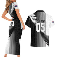 Custom New Zealand Football Couples Matching Short Sleeve Bodycon Dress and Hawaiian Shirt Silver Fern Maori Pattern Monochrome DT05 - Polynesian Pride