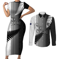 Custom New Zealand Football Couples Matching Short Sleeve Bodycon Dress and Long Sleeve Button Shirt Silver Fern Maori Pattern Monochrome DT05 White - Polynesian Pride