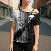 Custom New Zealand Football Cross Shoulder Shirt Silver Fern Maori Pattern Monochrome