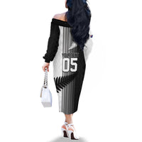 Custom New Zealand Football Family Matching Off The Shoulder Long Sleeve Dress and Hawaiian Shirt Silver Fern Maori Pattern Monochrome DT05 - Polynesian Pride