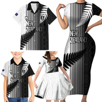 Custom New Zealand Football Family Matching Short Sleeve Bodycon Dress and Hawaiian Shirt Silver Fern Maori Pattern Monochrome DT05 - Polynesian Pride