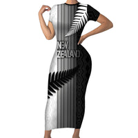 Custom New Zealand Football Family Matching Short Sleeve Bodycon Dress and Hawaiian Shirt Silver Fern Maori Pattern Monochrome DT05 Mom's Dress White - Polynesian Pride