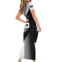 Custom New Zealand Football Family Matching Short Sleeve Bodycon Dress and Hawaiian Shirt Silver Fern Maori Pattern Monochrome DT05 - Polynesian Pride