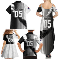 Custom New Zealand Football Family Matching Summer Maxi Dress and Hawaiian Shirt Silver Fern Maori Pattern Monochrome DT05 - Polynesian Pride