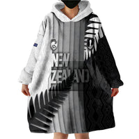 Custom New Zealand Football Wearable Blanket Hoodie Silver Fern Maori Pattern Monochrome