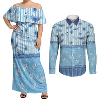 Hawaii Christmas In July Couples Matching Off Shoulder Maxi Dress and Long Sleeve Button Shirt Sky Blue Mele Kalikimaka Sea Animals DT05 Blue - Polynesian Pride