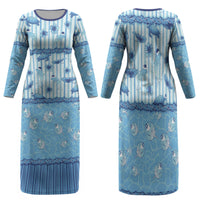 Hawaii Christmas In July Family Matching Long Sleeve Bodycon Dress and Hawaiian Shirt Sky Blue Mele Kalikimaka Sea Animals DT05 Mom's Dress Blue - Polynesian Pride