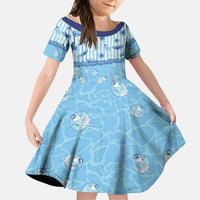 Hawaii Christmas In July Family Matching Off The Shoulder Long Sleeve Dress and Hawaiian Shirt Sky Blue Mele Kalikimaka Sea Animals DT05 Daughter's Dress Blue - Polynesian Pride