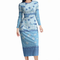 Hawaii Christmas In July Long Sleeve Bodycon Dress Sky Blue Mele Kalikimaka Sea Animals DT05 Long Dress Blue - Polynesian Pride