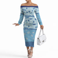 Hawaii Christmas In July Off The Shoulder Long Sleeve Dress Sky Blue Mele Kalikimaka Sea Animals DT05 Women Blue - Polynesian Pride