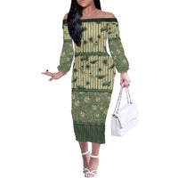Hawaii Christmas In July Off The Shoulder Long Sleeve Dress Olive Green Mele Kalikimaka Sea Animals DT05 Women Green - Polynesian Pride