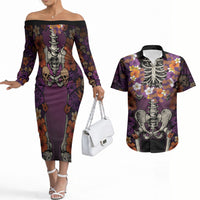 Hawaii Halloween Couples Matching Off The Shoulder Long Sleeve Dress and Hawaiian Shirt Skeleton Bones Flower Lei Tropical Floral DT05 Black - Polynesian Pride