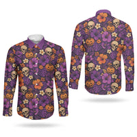 Hawaii Halloween Couples Matching Short Sleeve Bodycon Dress and Long Sleeve Button Shirt Skeleton Pumpkin Hawaiian Flower Tribal DT05 - Polynesian Pride