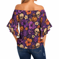 Hawaii Halloween Off Shoulder Wrap Waist Top Skeleton Pumpkin Hawaiian Flower Tribal