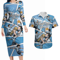 Custom Argentina Football Couples Matching Long Sleeve Bodycon Dress and Hawaiian Shirt Goat Comic Style Sun Of May