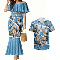 Custom Argentina Football Couples Matching Mermaid Dress and Hawaiian Shirt Goat Comic Style Sun Of May